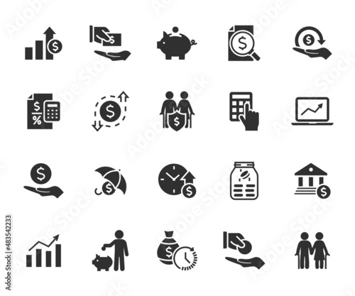 Vector set of money income flat icons. Contains icons profit, expenses, income tax, pension fund, piggy bank, loan, income protection, profit and loss and more. Pixel perfect.