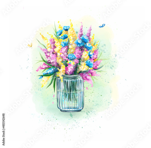 Watercolor delicate multicolored meadow flowers in a glass vase. A spring bouquet in a vintage bottle on a blurry background. Decorative flora on a blurry turquoise background