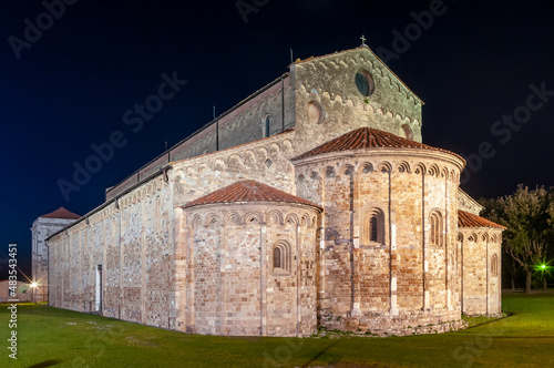Basilica of St. Peter the Apostle in San Piero a Grado, Pisa, Italy, at dusk