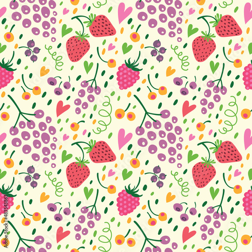 Seamless pattern with hearts, strawberries, raspberries, grapes.