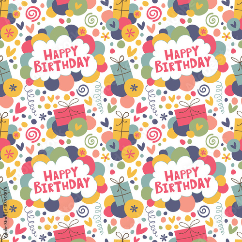 Happy Birthday. Seamless pattern with balloons, gifts and hearts.