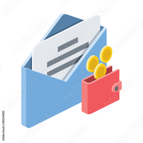 Letter coins purse. Vector 3d line isometric, color web icons, new flat style. Creative design idea for infographics.