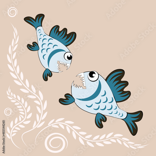 predatory evil piranha fish. Fabulous underwater world. Styling, cartoon style