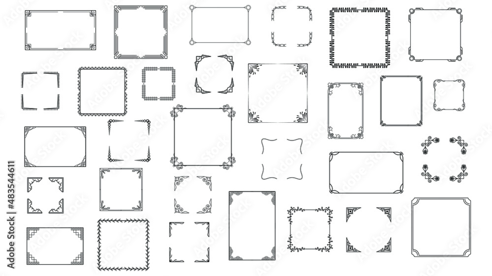 Fototapeta premium Big Set Black Simple Line Frame Collection Doodle Square Floral Frame Elements Vector Design Style Sketch Isolated Illustration For Banner