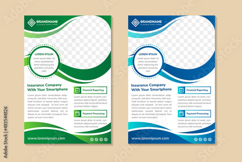 vertical flyer design template for insurance company with your smartphone. space for photo and text. blue and green gradient element. white background use with infographic, vertical layout.
