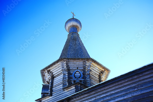 wooden church in the Russian north landscape in winter, architecture historical religion Christianity photo