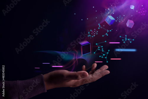 Metaverse, Web3 and Blockchain Technology Concepts. Opened Hand Levitating Virtual Objects. Futuristic Tone photo