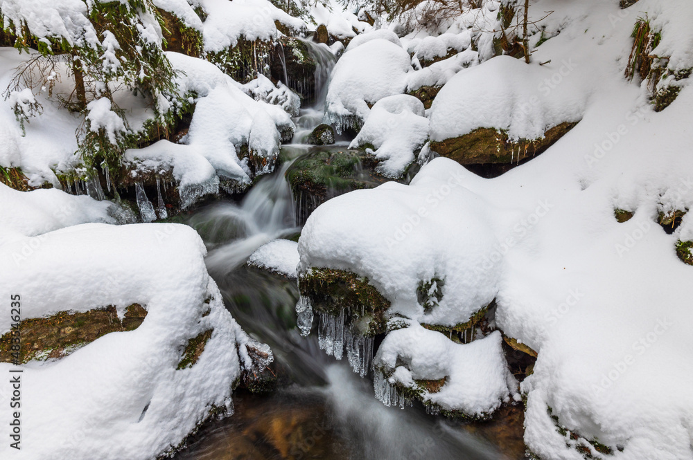 Waterfall, winter, river, tree, forest Waterfall, winter, river, tree, forest