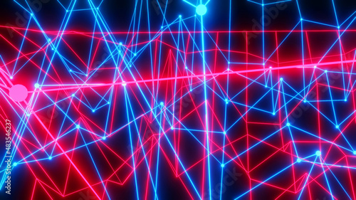 Abstract technology background with neon glowing lines on black, purple blue striped sci fi 3D render background.