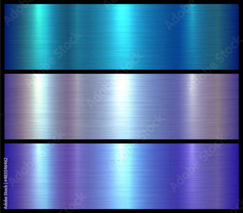 Metal textures set, shiny multicolored lustrous brushed metallic backgrounds