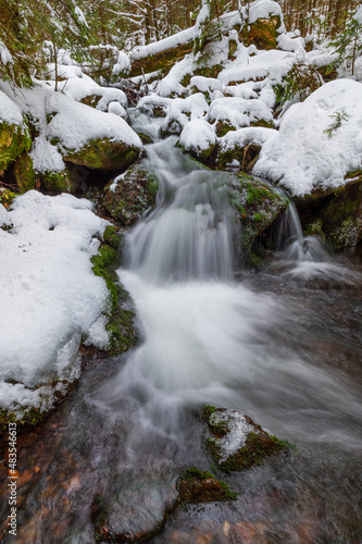 Waterfall, winter, river, tree, forest
