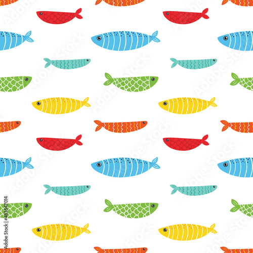 Cute colorful fishes, sea life vector seamless pattern background.
