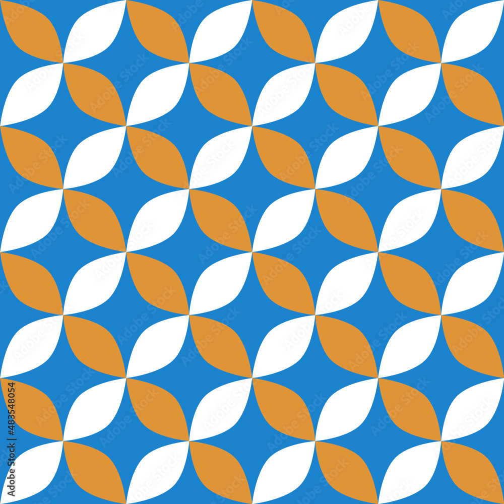 Simple seamless geometric pattern of petal silhouette element tightly fitting diagonally to each other on a blue isolated background. Abstract retro ornament from a geometric figure. Simple seamless geometric pattern of petal silhouette element tightly fitting diagonally to each other on a blue isolated background. Abstract retro ornament from a geometric figure.