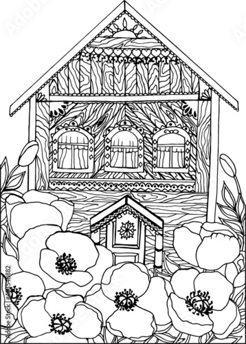 Coloring book for children and adults with a rustic wooden house and poppies flowers