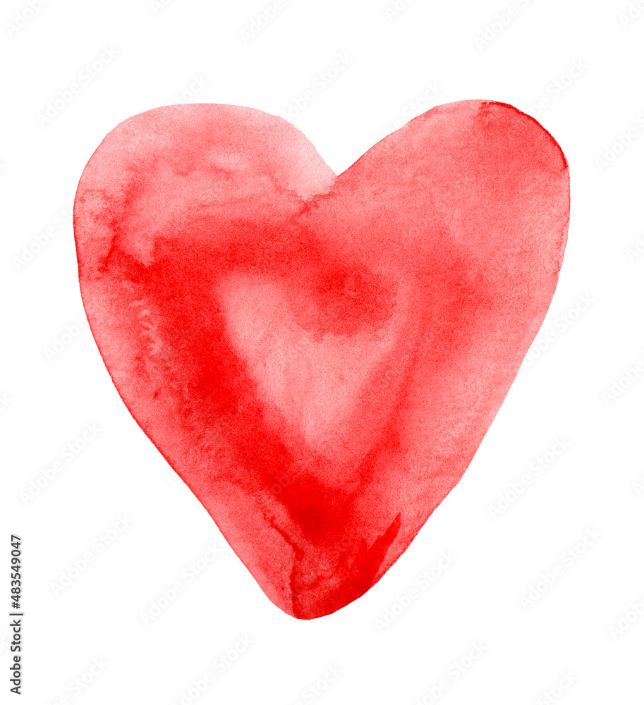 One watercolor red isolated heart hand-drawn painting on white background