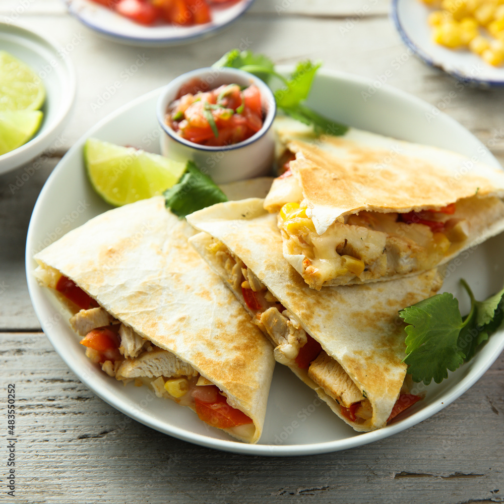 Homemade quesadilla with chicken and tomatoes Homemade quesadilla with chicken and tomatoes