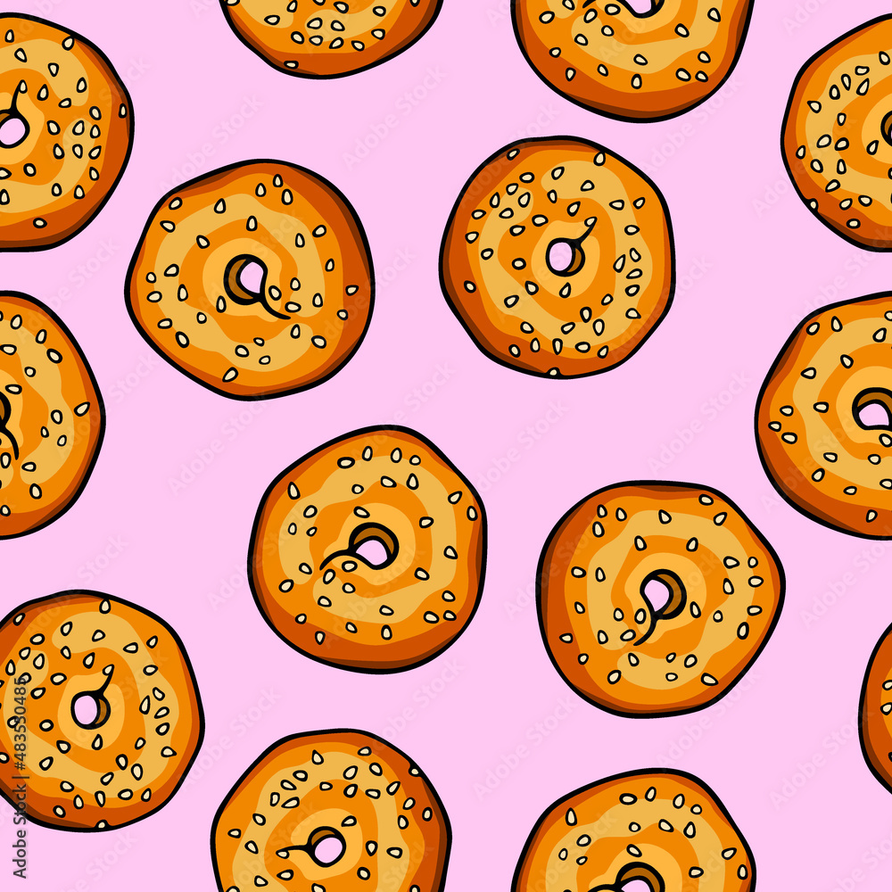 Fototapeta premium Vector seamless pattern with hand drawn traditional Jewish bread - Bagel. Ink drawing, graphic style. Beautiful food design elements, perfect for prints and patterns