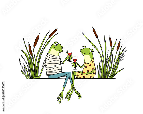 Vector illustration of hand drawn cute frog couple drinking wine on a date. Beautiful design elements, ink drawing, funny romantic illustration. Perfect for Valentine's day celebration.