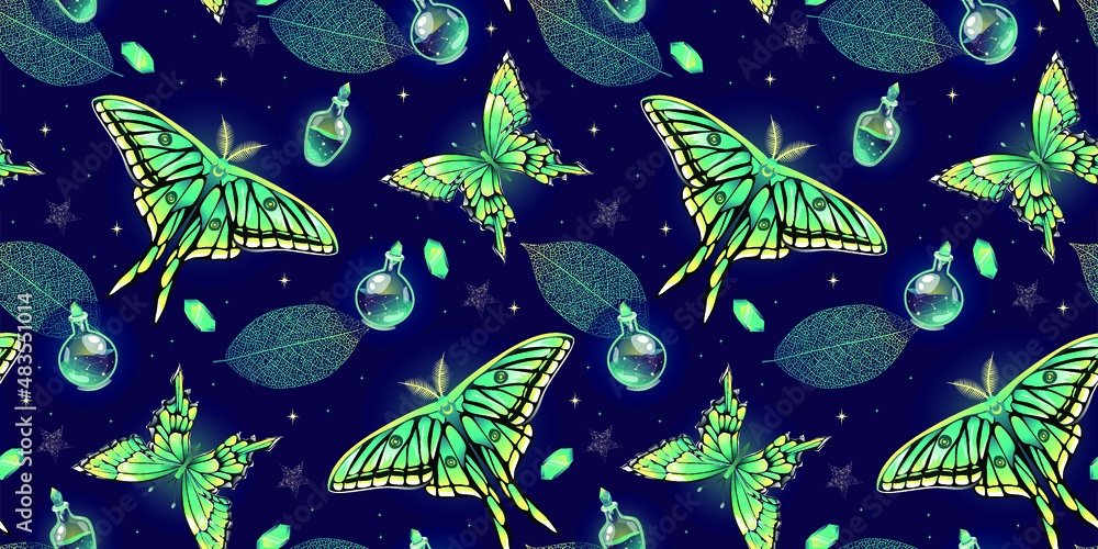 Vector seamless pattern with violet moon moth and stars. Contemporary composition. Trendy texture for print, textile, packaging. Vector seamless pattern with violet moon moth and stars. Contemporary composition. Trendy texture for print, textile, packaging.