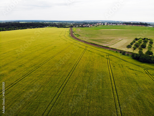 Photo of a green field showing the tracks of a tractor. We also see the railway line.