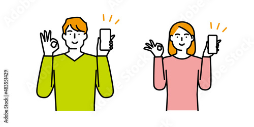 笑顔でスマートフォンを持つ男性と女性