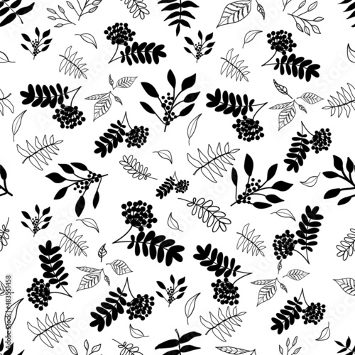 Seamless black and white pattern with contour leaves and a bunch of rowan.