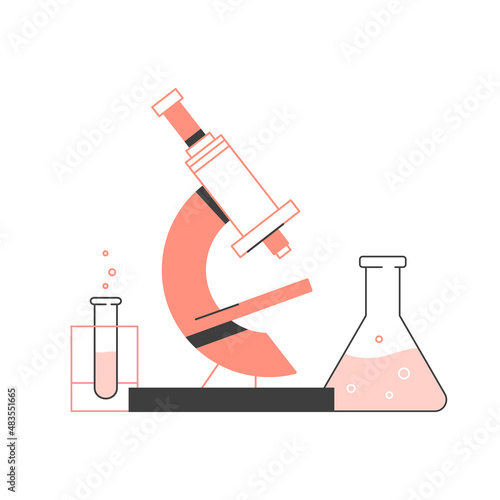 Scientist tools. Microscope, flask and test tube.