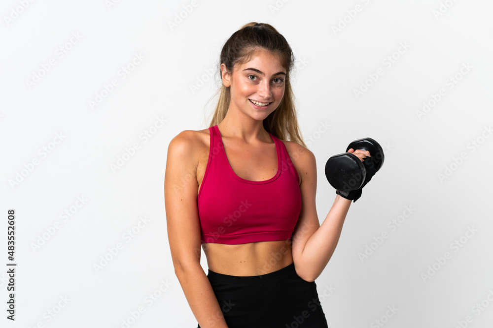 Young caucasian woman isolated on white background making weightlifting Young caucasian woman isolated on white background making weightlifting
