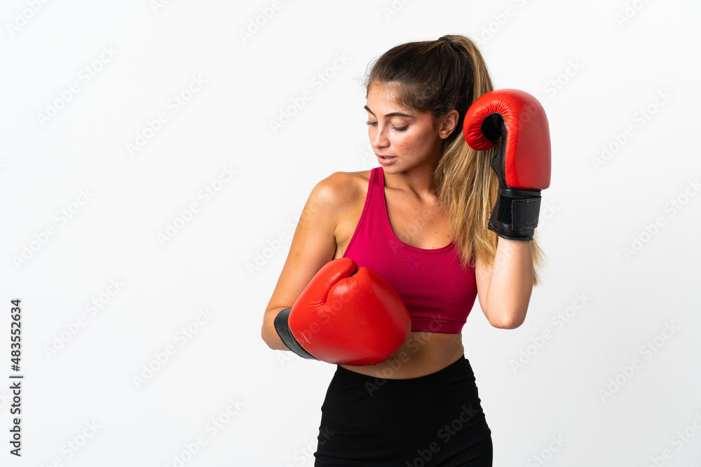 Young caucasian woman isolated on white background with boxing gloves