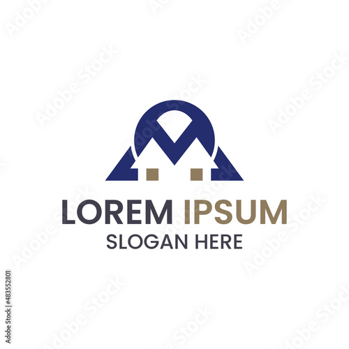 OM or MO omega letter logo vector with house, Suitable for construction, real estate or related company.