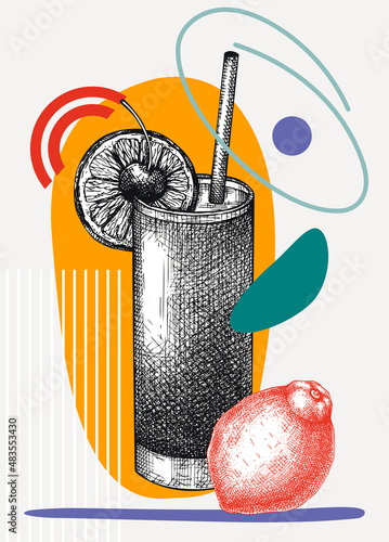 Collage style Tequila sunrise cocktail illustration. Vector trendy with alcoholic drink in elegant glass. A tropical cocktail with geometric and abstract shapes for bar menu, print, poster, wall art.