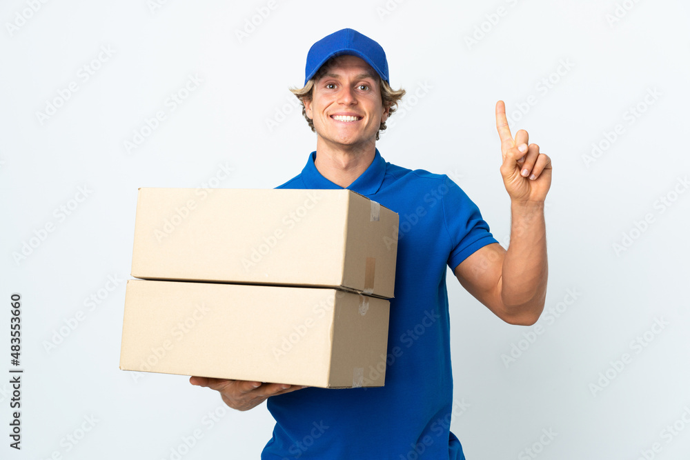 Delivery man over isolated white background pointing up a great idea Delivery man over isolated white background pointing up a great idea