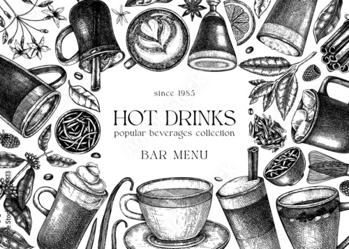 Bar menu design. Vector frame with hot drinks drawings. Hand-sketched tea, mulled wine, coffee, hot chocolate and ingredients illustrations. Popular beverages template for brands, web, menu, packaging