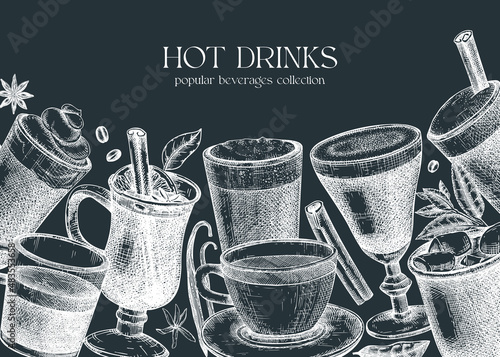 Vintage banner with hot drinks and ingredients. Hand-sketched tea, mulled wine, coffee, hot chocolate drawings on chalkboard. Popular beverage glasses, mugs, cups background.