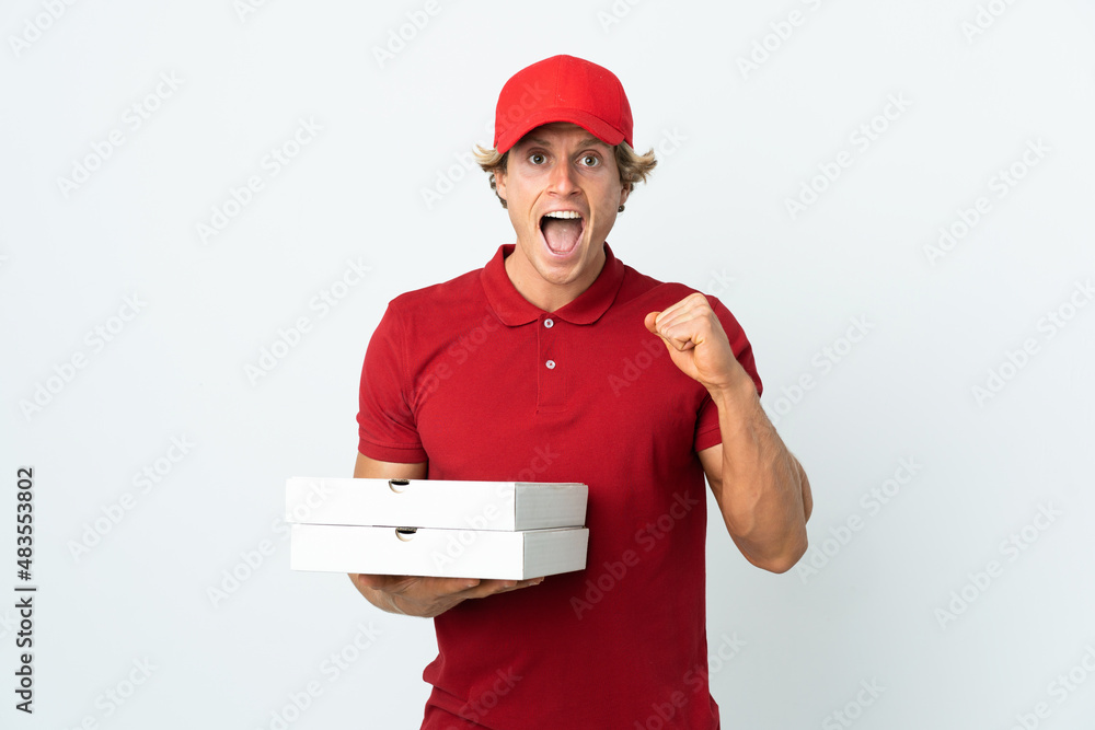 pizza delivery man over isolated white background celebrating a victory in winner position pizza delivery man over isolated white background celebrating a victory in winner position