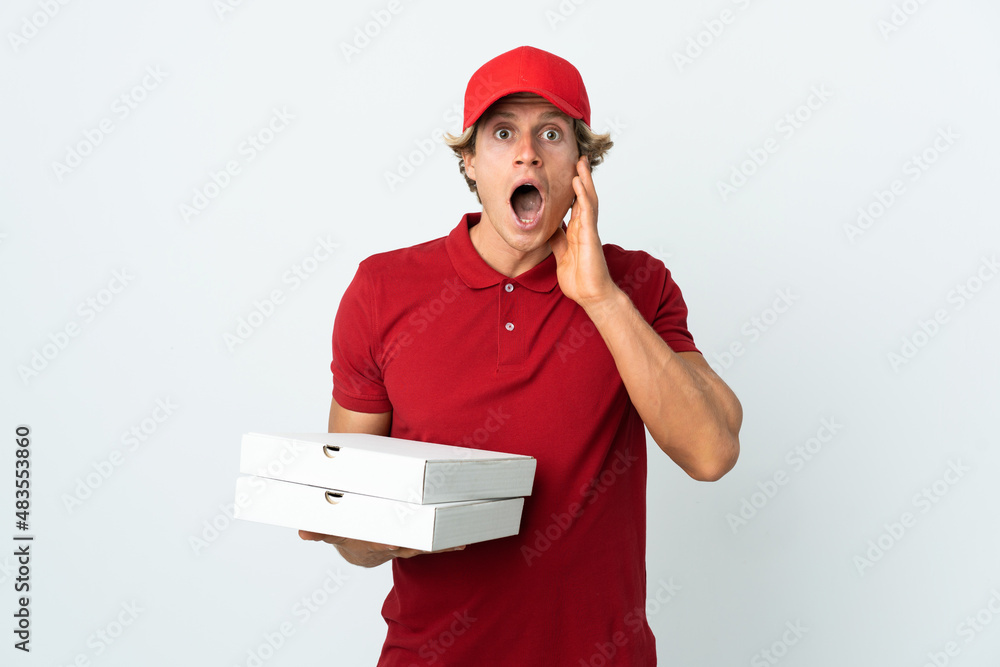 pizza delivery man over isolated white background with surprise and shocked facial expression pizza delivery man over isolated white background with surprise and shocked facial expression