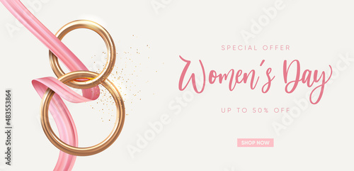Elegant 8 March banner with golden 3d number and pink ribbon. Vector illustration.