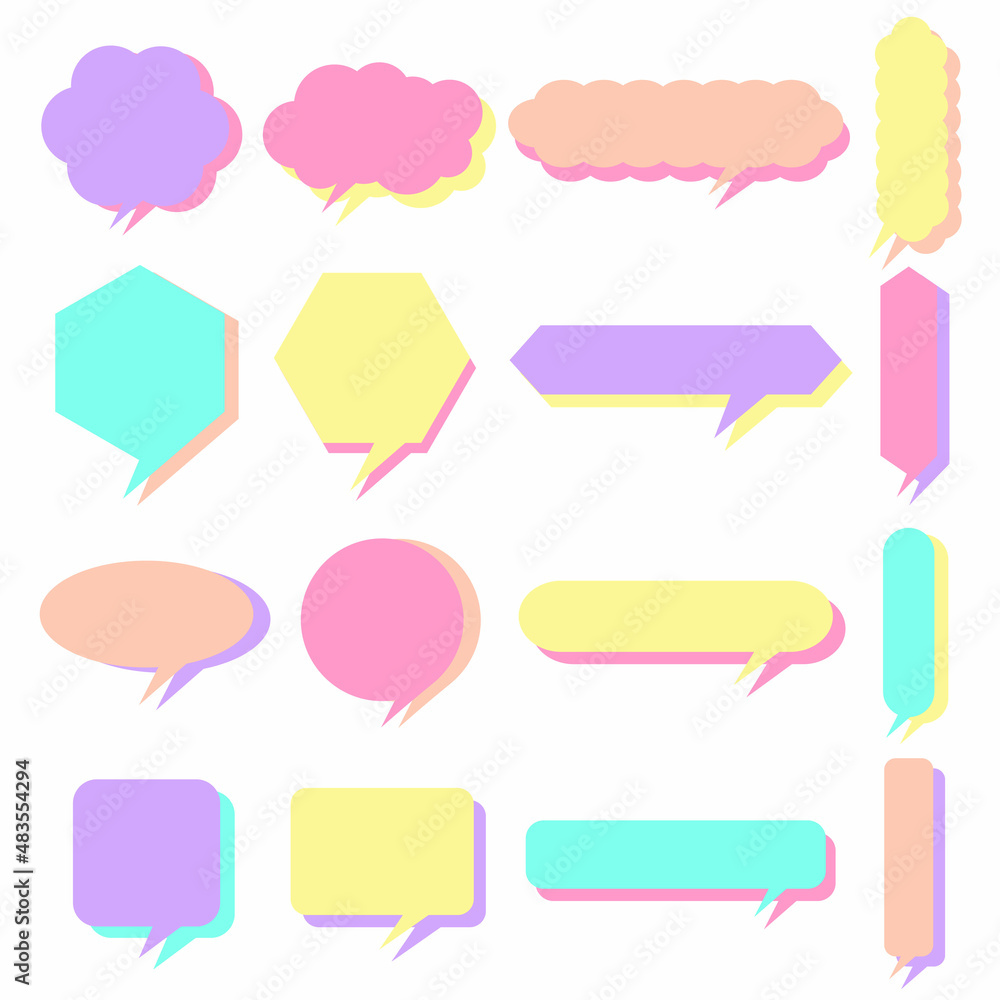 Set of trendy colorful and glowing speech balloons. Variety The geometric shapes. Modern graphic element. Speech bubble for text in cartoon style with shadow. Graphic design frame for text. Set of trendy colorful and glowing speech balloons. Variety The geometric shapes. Modern graphic element. Speech bubble for text in cartoon style with shadow. Graphic design frame for text.