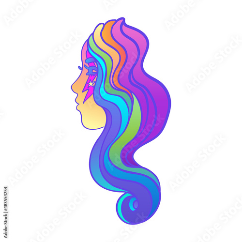 Abstract person with rainbow hair. Non binary caucasian person. Gay Pride. LGBTQ concept. Isolated on white vector colorful illustration. Sticker, patch, t-shirt print, logo design.