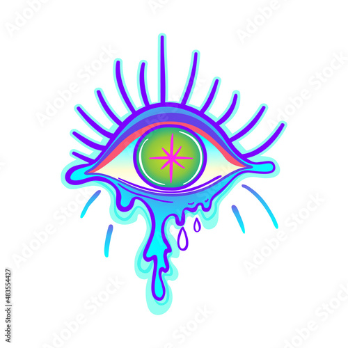 Hippie eye. Psychedelic hallucination. Vibrant vector illustration. Magic fai...