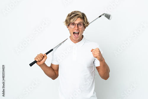 English man playing golf celebrating a victory in winner position