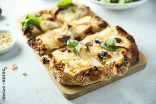 Homemade pizza with pear and blue cheese