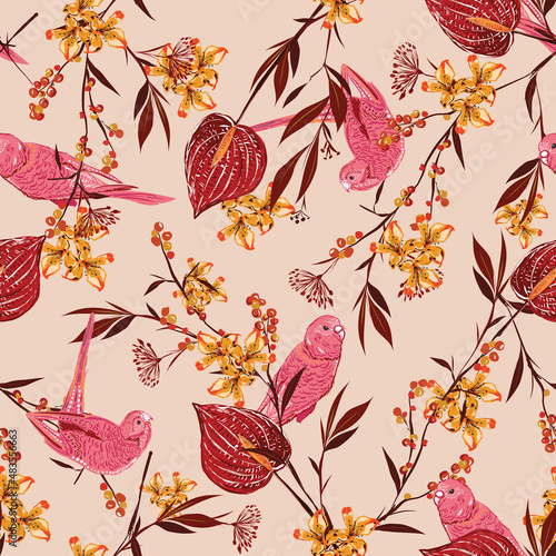 Artistic Hand drawn Parrots birds in the blooming Japanese graden Seamless pattern vector Illustration Design for fashion , fabric, textile, wallpaper, cover, web , wrapping and all prints