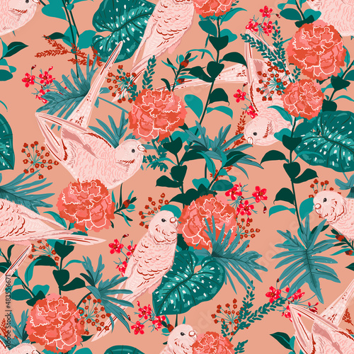 Hand drawn Artistic Parrots birds in the blooming garden delicate mood Seamless pattern vector Illustration Design for fashion , fabric, textile, wallpaper, cover, web , wrapping and all prints