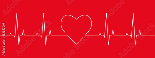 Heartbeat and heart rate line concept. Vector illustration on red background, banner, header.