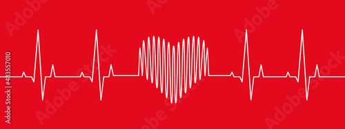 Heartbeat, heart rate, pulse, rhythm and wave line as electrocardiogram or ECG concept. Vector illustration on red background, banner, header.