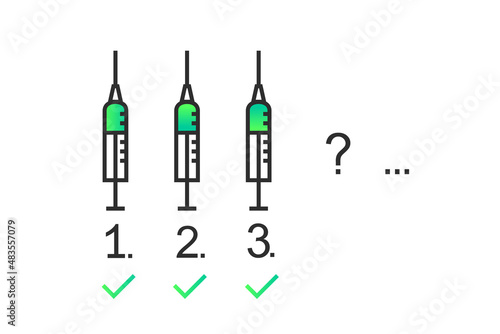 Getting vaccinated against coronavirus, third booster dose. COVID-19 pandemic and the future of vaccination concept. Syringe or injection as symbol of how many vaccine shot one needs for immunity.