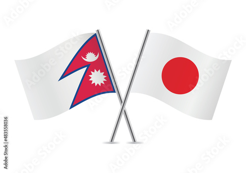 The Federal Democratic Republic of Nepal and Japan flags. Nepalese and Japanese flags, isolated on white background. Vector icon set. Vector illustration. 