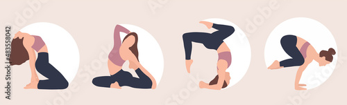 Bundle of woman demonstrating various yoga positions isolated on light background. Colorful flat vector illustration. 