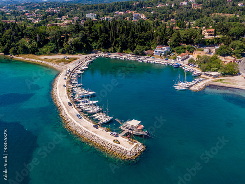 Aerial drone view o ipsos harbour in corfu island greece